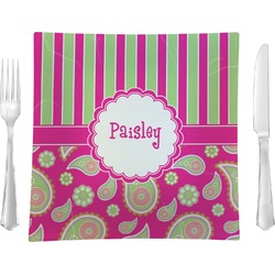 Pink & Green Paisley and Stripes 9.5" Glass Square Lunch / Dinner Plate- Single or Set of 4 (Personalized)