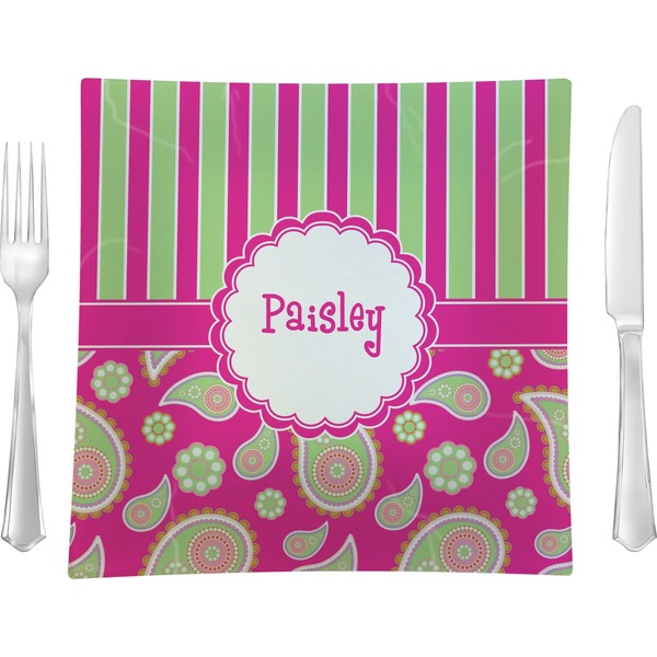 Custom Pink & Green Paisley and Stripes 9.5" Glass Square Lunch / Dinner Plate- Single or Set of 4 (Personalized)