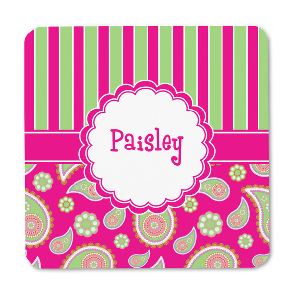 Pink & Green Paisley and Stripes Square Fridge Magnet - FRONT