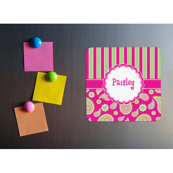 Pink & Green Paisley and Stripes Square Fridge Magnet - LIFESTYLE