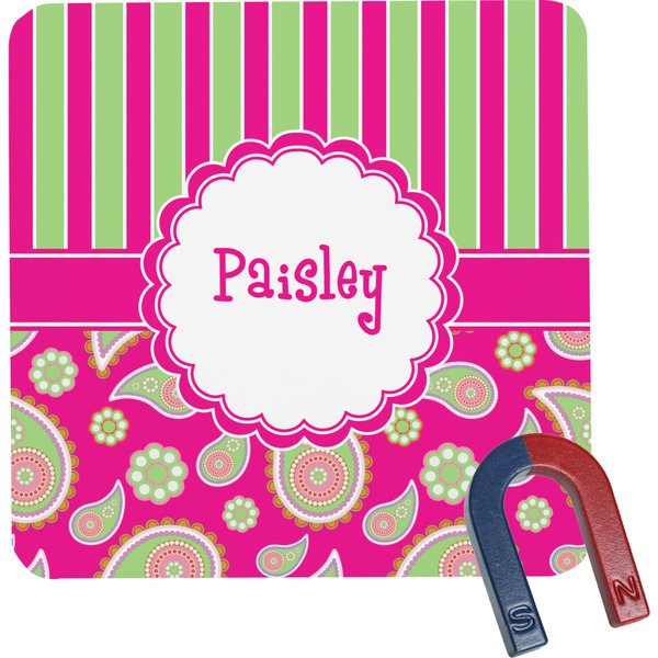 Custom Pink & Green Paisley and Stripes Square Fridge Magnet (Personalized)