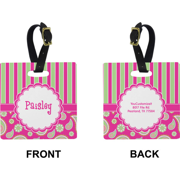 Pink & Green Paisley and Stripes Square Luggage Tag (Front + Back)