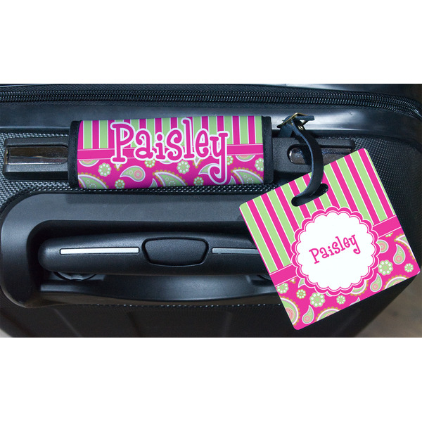 Pink & Green Paisley and Stripes Square Luggage Tag & Handle Wrap - In Context