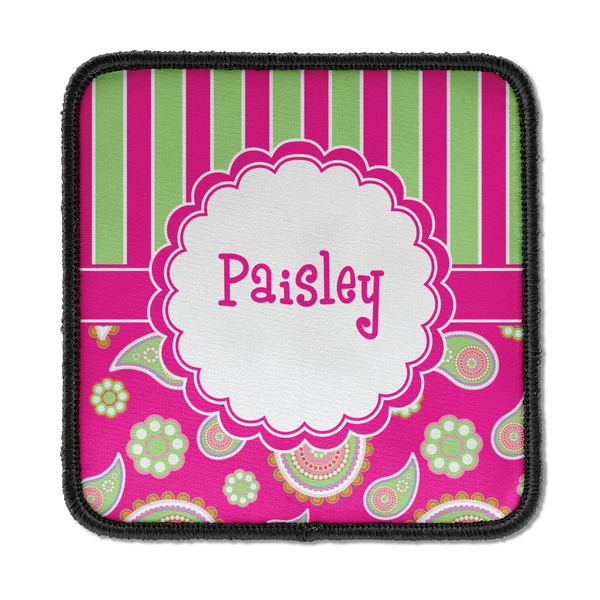 Custom Pink & Green Paisley and Stripes Iron On Square Patch w/ Name or Text