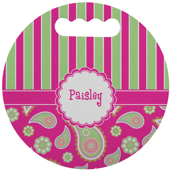 Custom Pink & Green Paisley and Stripes Stadium Cushion (Round) (Personalized)