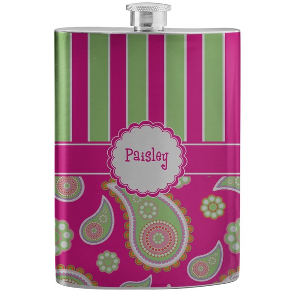 Custom Pink & Green Paisley and Stripes Stainless Steel Flask (Personalized)