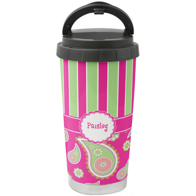 Pink & Green Paisley and Stripes Stainless Steel Coffee Tumbler (Personalized)