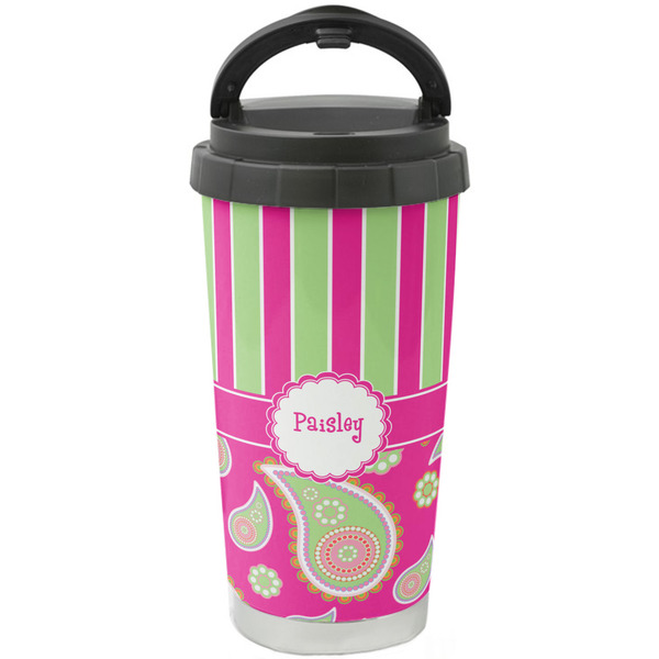 Custom Pink & Green Paisley and Stripes Stainless Steel Coffee Tumbler (Personalized)