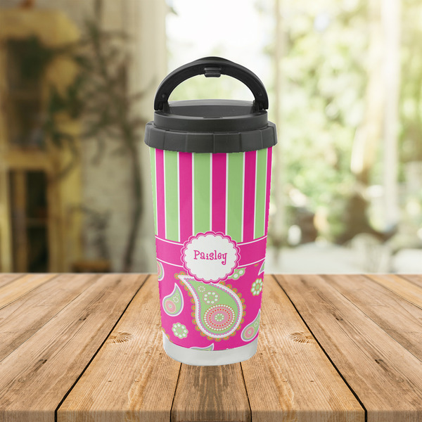 Pink & Green Paisley and Stripes Stainless Steel Travel Cup Lifestyle