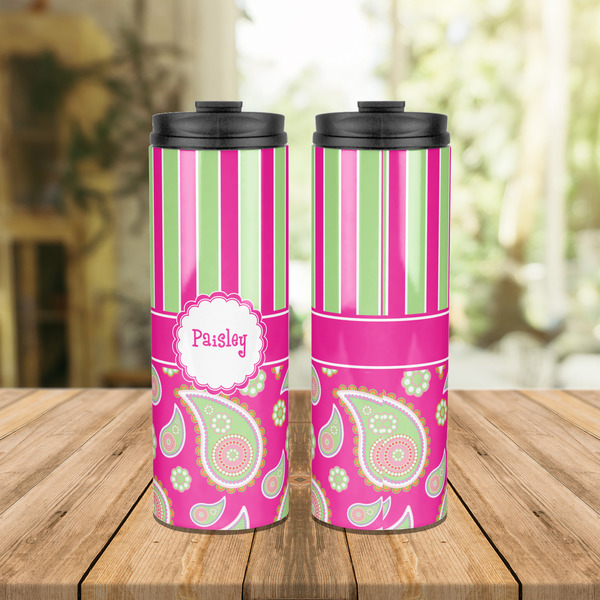 Pink & Green Paisley and Stripes Stainless Steel Tumbler - Lifestyle