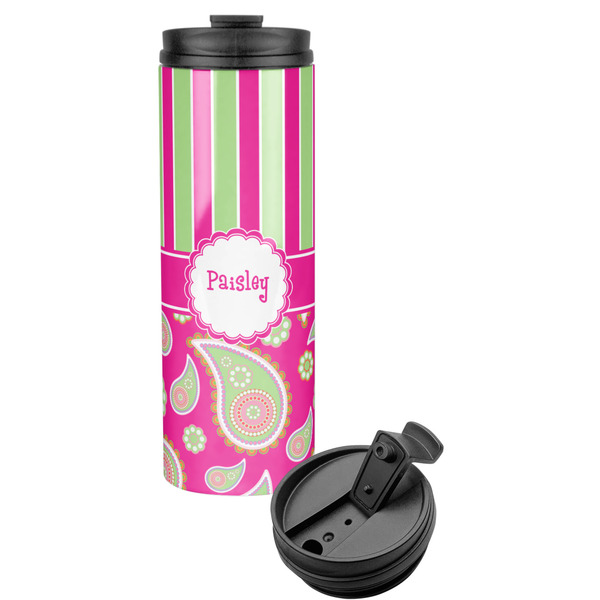 Custom Pink & Green Paisley and Stripes Stainless Steel Skinny Tumbler (Personalized)