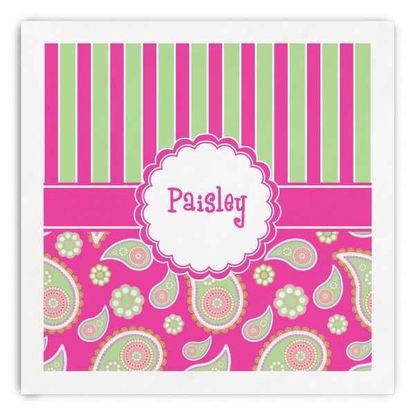 Custom Pink & Green Paisley and Stripes Paper Dinner Napkins (Personalized)