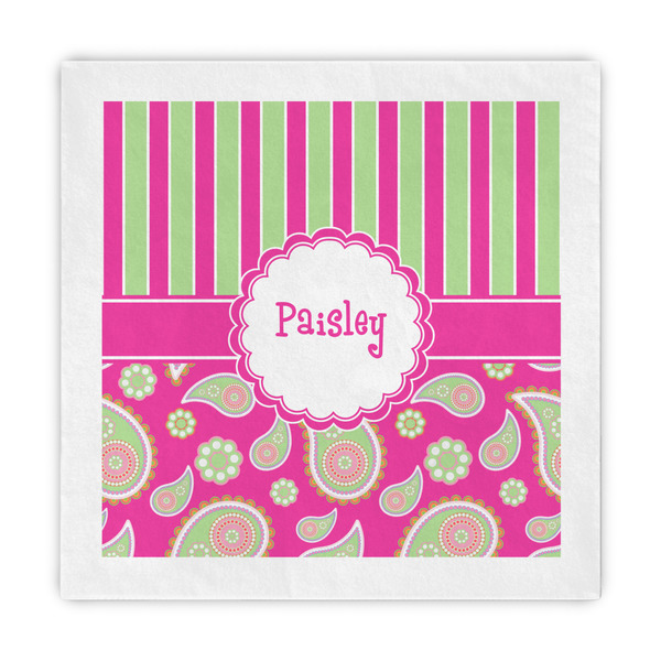Custom Pink & Green Paisley and Stripes Decorative Paper Napkins (Personalized)