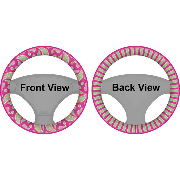 Pink & Green Paisley and Stripes Steering Wheel Cover- Front and Back