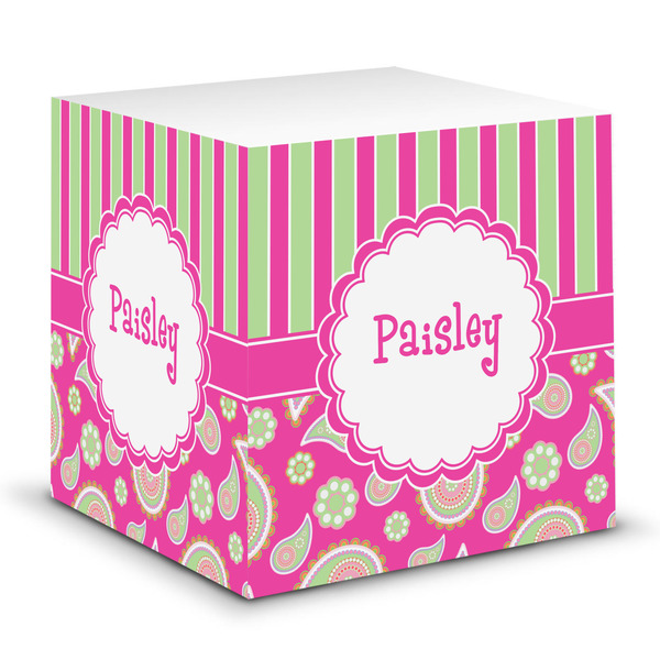 Custom Pink & Green Paisley and Stripes Sticky Note Cube (Personalized)