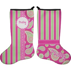 Pink & Green Paisley and Stripes Holiday Stocking - Double-Sided - Neoprene (Personalized)