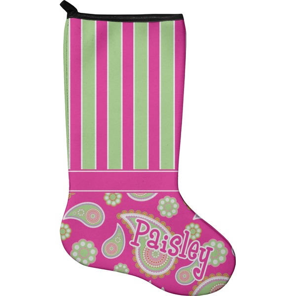 Custom Pink & Green Paisley and Stripes Holiday Stocking - Single-Sided - Neoprene (Personalized)