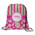 Pink & Green Paisley and Stripes Drawstring Backpack (Personalized)
