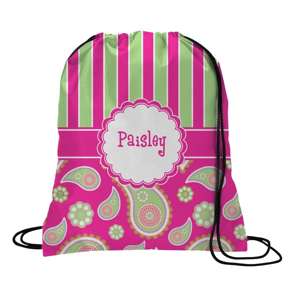 Custom Pink & Green Paisley and Stripes Drawstring Backpack - Medium (Personalized)