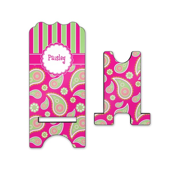 Pink & Green Paisley and Stripes Stylized Phone Stand - Front & Back - Small