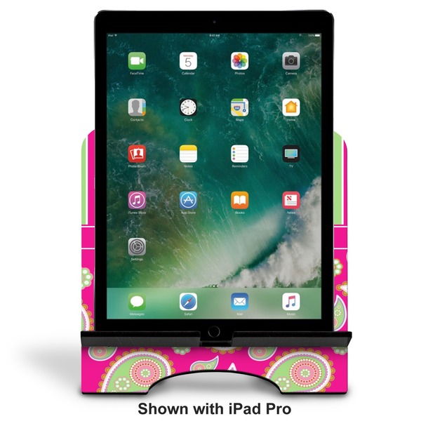 Pink & Green Paisley and Stripes Stylized Tablet Stand - Front with ipad