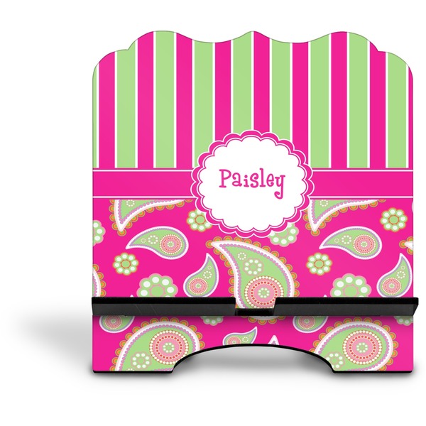 Pink & Green Paisley and Stripes Stylized Tablet Stand - Front without iPad