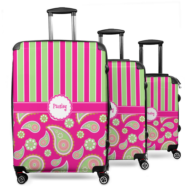 Custom Pink & Green Paisley and Stripes 3 Piece Luggage Set - 20" Carry On, 24" Medium Checked, 28" Large Checked (Personalized)