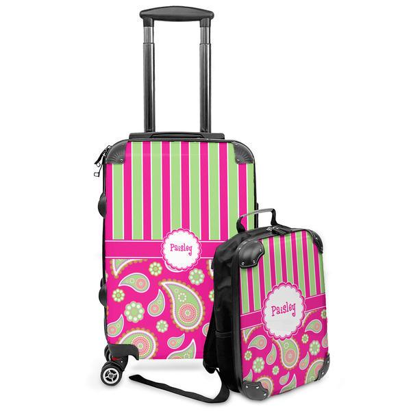 Custom Pink & Green Paisley and Stripes Kids 2-Piece Luggage Set - Suitcase & Backpack (Personalized)