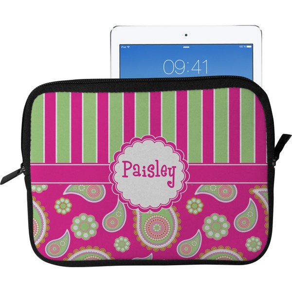 Custom Pink & Green Paisley and Stripes Tablet Case / Sleeve - Large (Personalized)