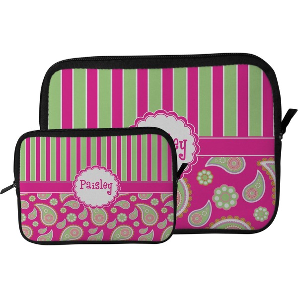 Pink & Green Paisley and Stripes Tablet Sleeve (Size Comparison)