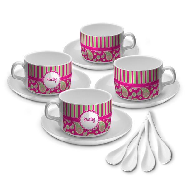 Custom Pink & Green Paisley and Stripes Tea Cup - Set of 4 (Personalized)