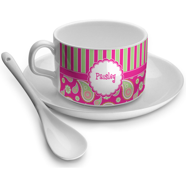 Custom Pink & Green Paisley and Stripes Tea Cup (Personalized)