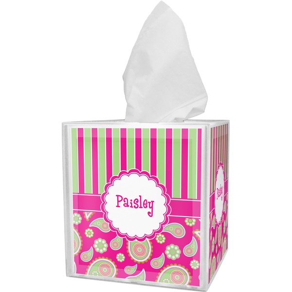 Custom Pink & Green Paisley and Stripes Tissue Box Cover (Personalized)