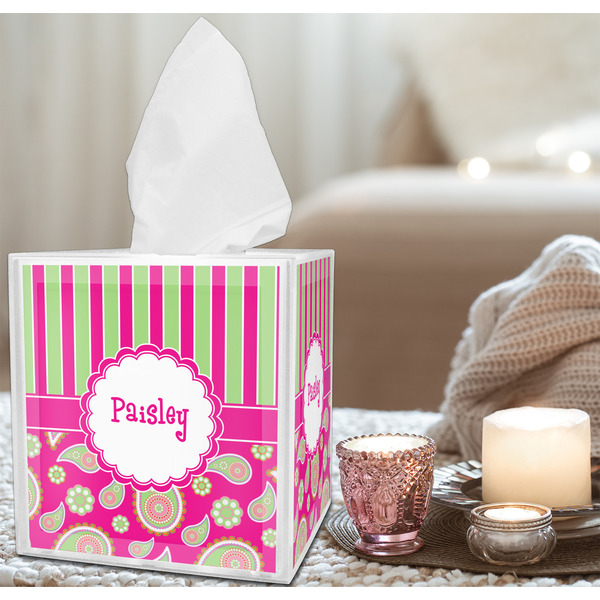 Pink & Green Paisley and Stripes Tissue Box - LIFESTYLE
