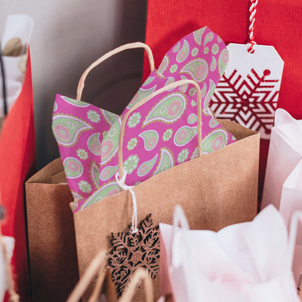 Pink & Green Paisley and Stripes Tissue Paper - In Gift Bag