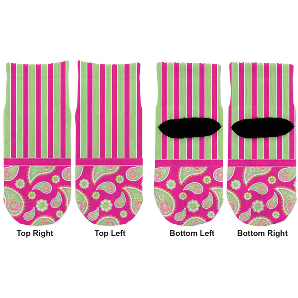 Pink & Green Paisley and Stripes Toddler Ankle Socks - Double Pair - Front and Back - Apvl