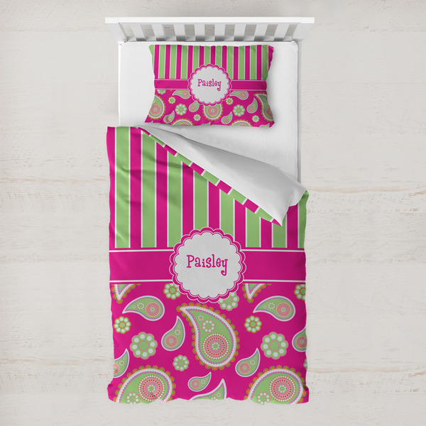 Custom Pink & Green Paisley and Stripes Toddler Bedding Set - With Pillowcase (Personalized)