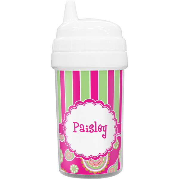 Custom Pink & Green Paisley and Stripes Toddler Sippy Cup (Personalized)