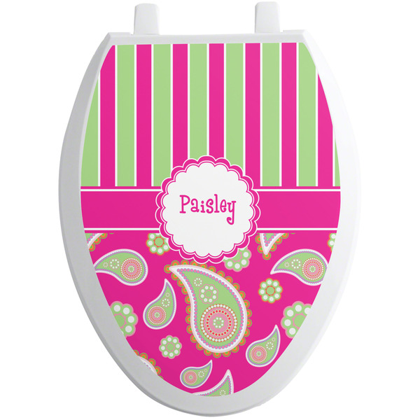 Custom Pink & Green Paisley and Stripes Toilet Seat Decal - Elongated (Personalized)