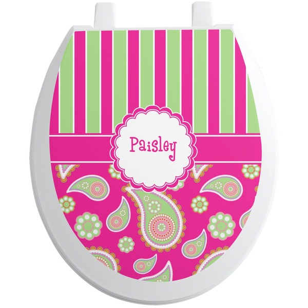 Custom Pink & Green Paisley and Stripes Toilet Seat Decal - Round (Personalized)