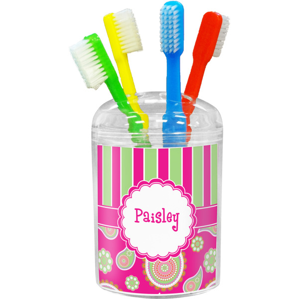 Custom Pink & Green Paisley and Stripes Toothbrush Holder (Personalized)
