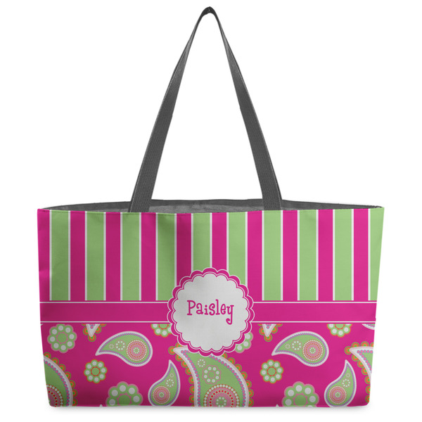 Custom Pink & Green Paisley and Stripes Beach Totes Bag - w/ Black Handles (Personalized)
