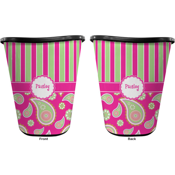 Pink & Green Paisley and Stripes Trash Can Black - Front and Back - Apvl