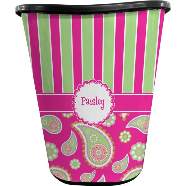 Custom Pink & Green Paisley and Stripes Waste Basket - Single Sided (Black) (Personalized)