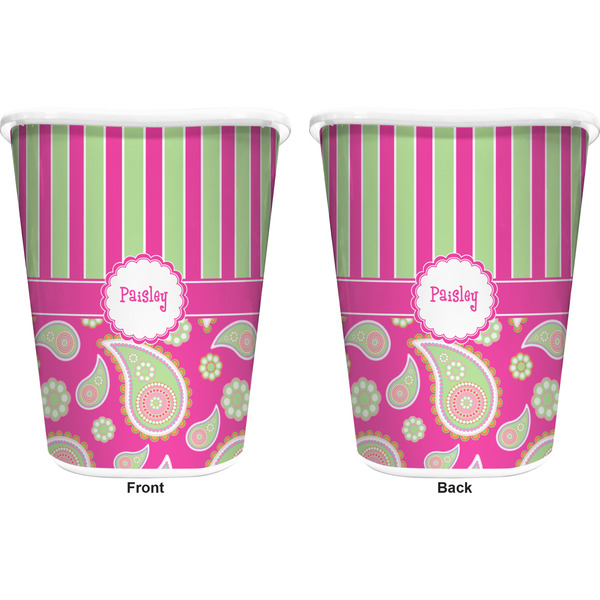 Pink & Green Paisley and Stripes Trash Can White - Front and Back - Apvl