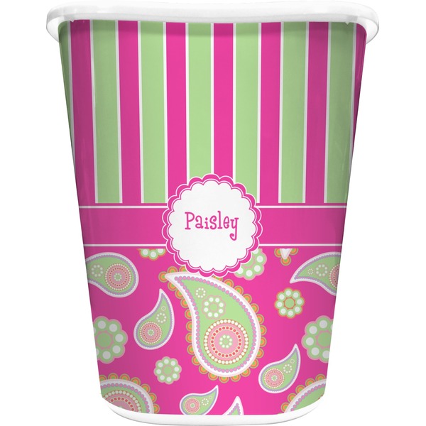 Custom Pink & Green Paisley and Stripes Waste Basket (Personalized)