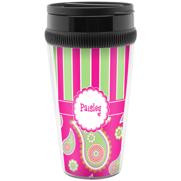 Custom Pink & Green Paisley and Stripes Acrylic Travel Mug without Handle (Personalized)