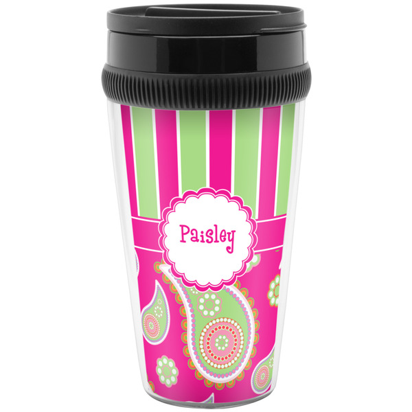 Custom Pink & Green Paisley and Stripes Acrylic Travel Mug without Handle (Personalized)