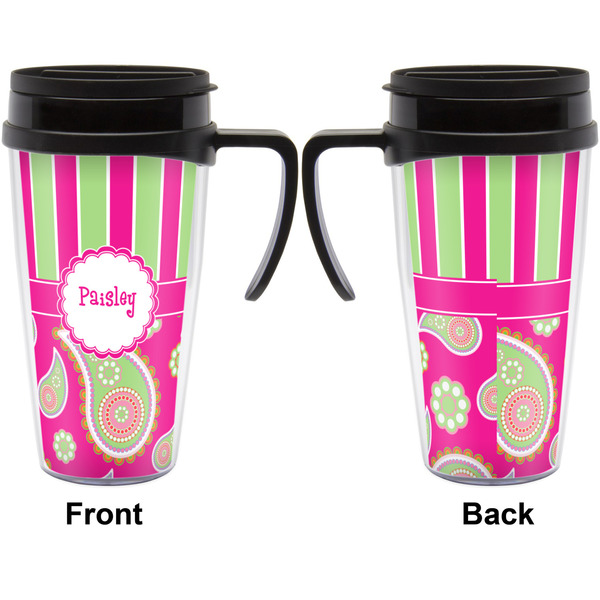 Pink & Green Paisley and Stripes Travel Mug with Black Handle - Approval