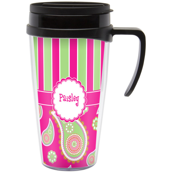 Custom Pink & Green Paisley and Stripes Acrylic Travel Mug with Handle (Personalized)